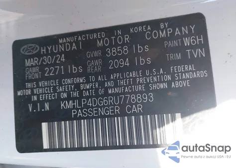 2024 Hyundai Elantra Limited из США, поврежденный, VIN KMHLP4DG6RU778893